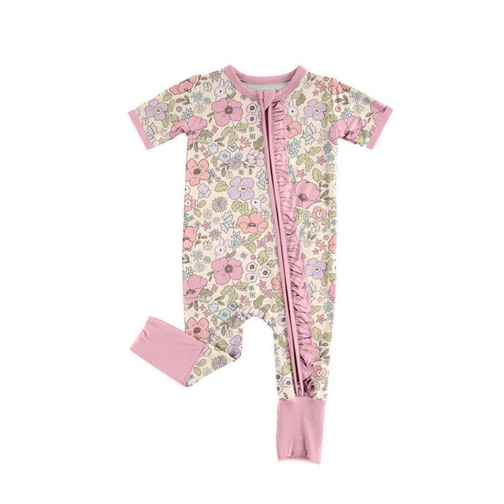 Preorder (moq 8)Baby Girls Flowers Rabbits Easter Ruffle Zipper Footie Rompers 9.17
