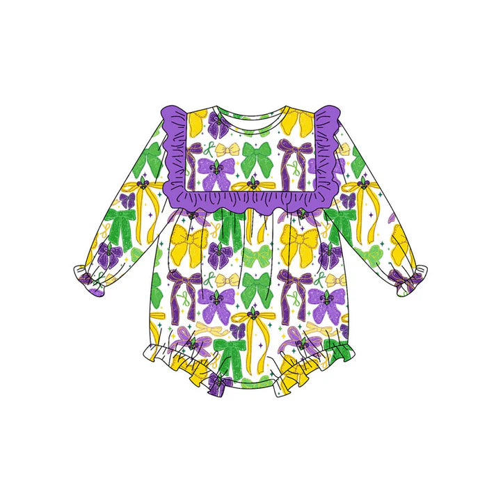 Preorder (moq 8)Baby Girls Purple Yellow Green Bows Stars Mardigras Ruffle Rompers 9.11