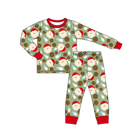 Preorder (moq 5)Baby Boys Green Long Sleeves Santa Milks Plaid Top Pant Pajamas Set 7.1