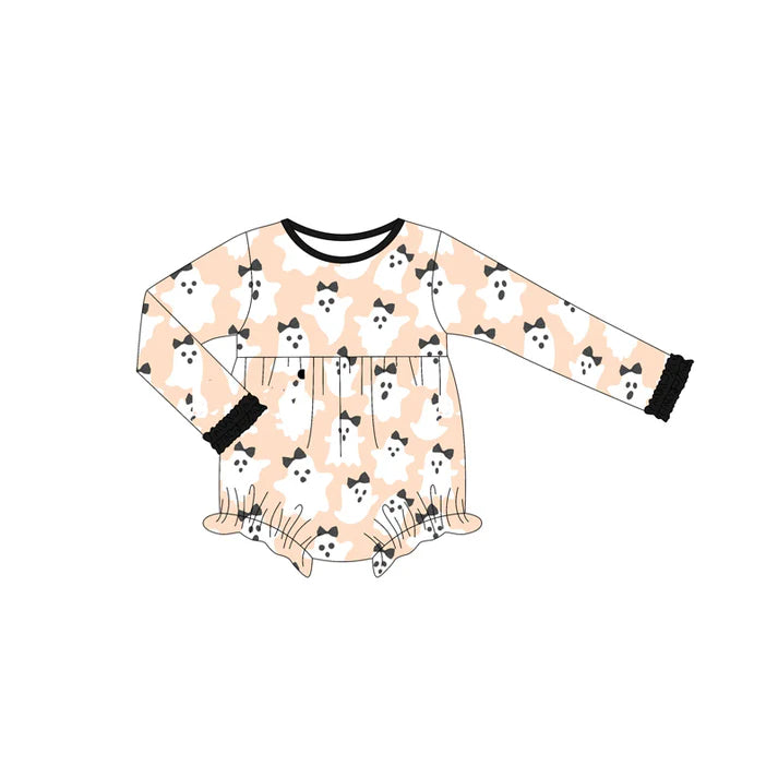 Preorder (moq 5)Baby Girls Long Ruffle Sleeves Bow Ghosts Plaid Bummies Rompers 6.13