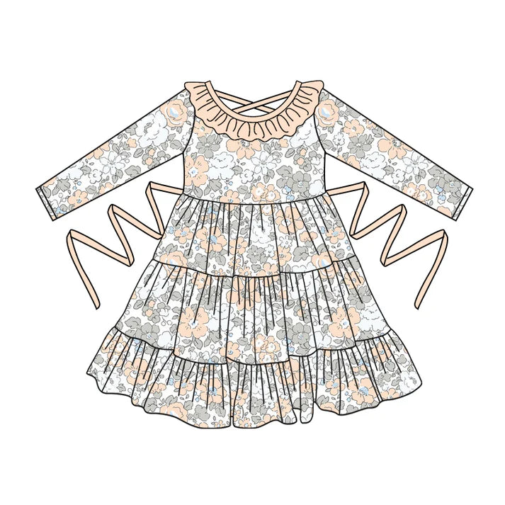 Preorder moq 5 Baby Girls Long Sleeves Creamy White Floral With Belt Ruffle Knee Length Dresses 5.2