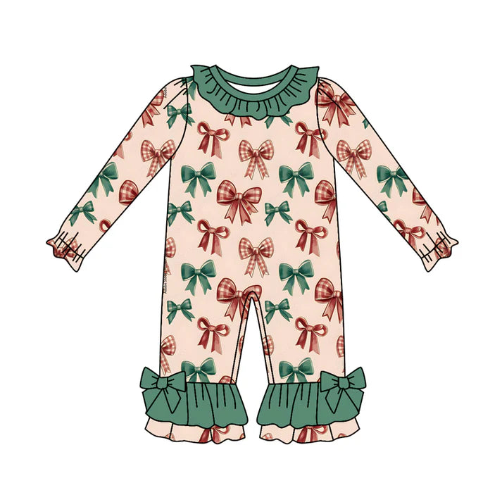 Preorder (moq 5)Baby Girls Long Sleeves Green Red Bows Plaid Ruffle Pant Rompers 6.4