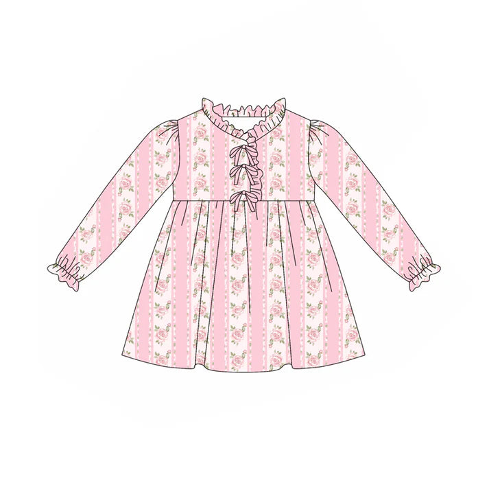 Preorder(moq 5) Baby Girls Long Ruffle Sleeves Pink Flower Stripe Knee Length Dresses 7.24