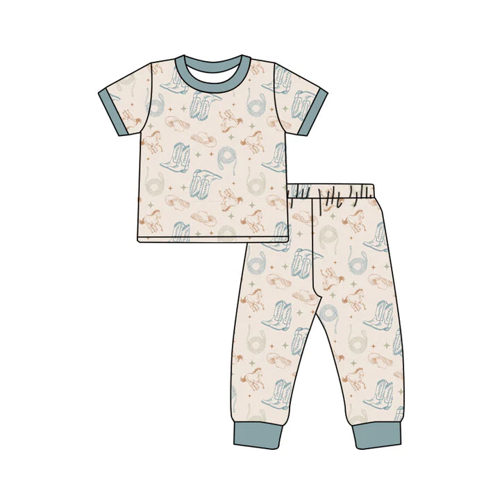 Preorder (moq 5)Baby Boys Blue Short Sleeves Horse Boots Top Pant Pajamas Set 6.2