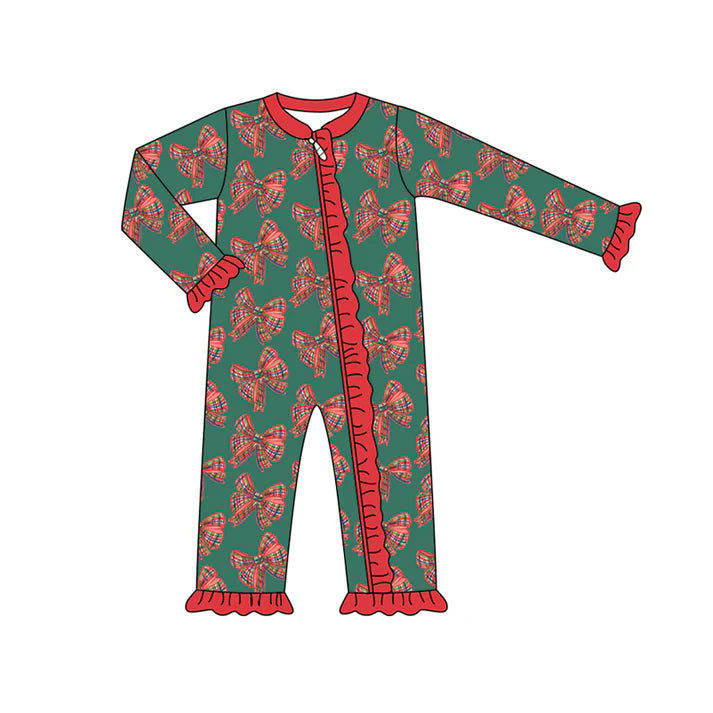 Preorder (moq 5)Baby Girls Green Long Sleeves Red Plaid Bows Ruffle Zipper Romper 7.3