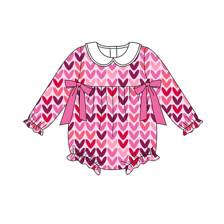 Preorder (moq 8)Baby Girls Pink Hearts Bows Valentine Ruffle Rompers 9.11