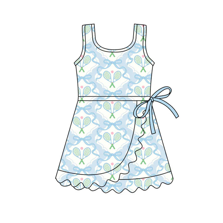 Preorder(moq 5) Baby Girls Sleeveless Blue Bows Tennis Team Ruffle Knee Length Dresses 11.4