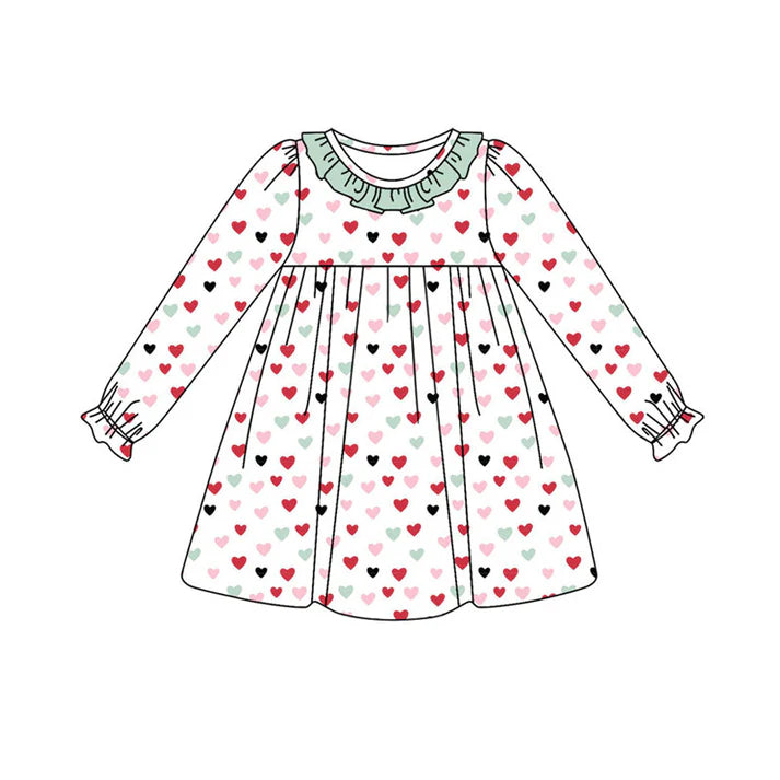 Preorder (moq 8)Baby Girls Long Ruffle Sleeve Colorful Hearts Valentine Knee Length Dresses 9.19
