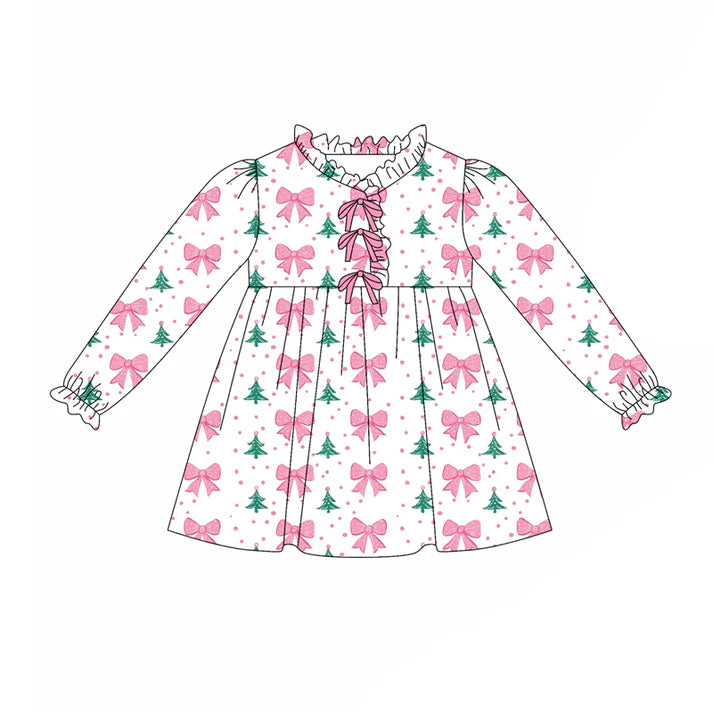 preorder(moq 5) Baby Girls Long Sleeves Pink Bows Polka Dots Christmas Trees Knee Length Dress 7.25