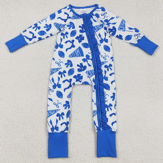 Baby Girls Rompers Blue Bows Cheer Footballs Ruffle Zipper Footie Rompers LR2511 9.2