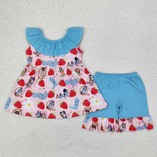 Baby Girls Clothes Dogs Strawberry Bows Tunic Tops Ruffle Shorts Sets GSSO1904