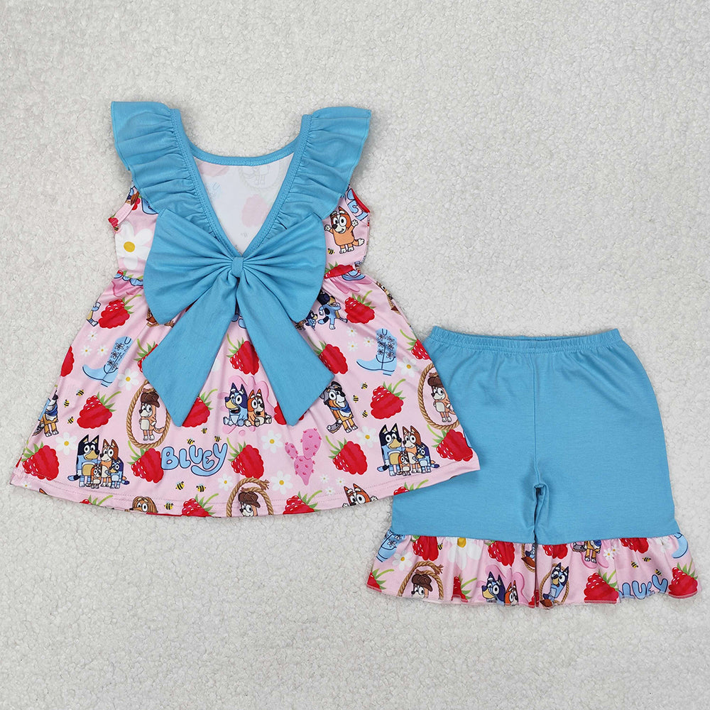Baby Girls Clothes Dogs Strawberry Bows Tunic Tops Ruffle Shorts Sets GSSO1904