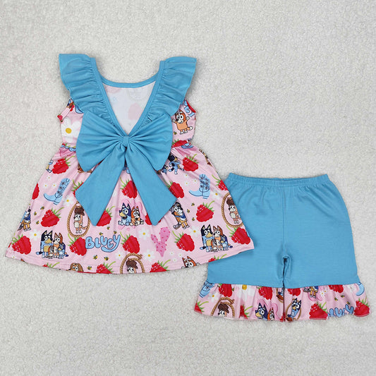Baby Girls Clothes Dogs Strawberry Bows Tunic Tops Ruffle Shorts Sets GSSO1904