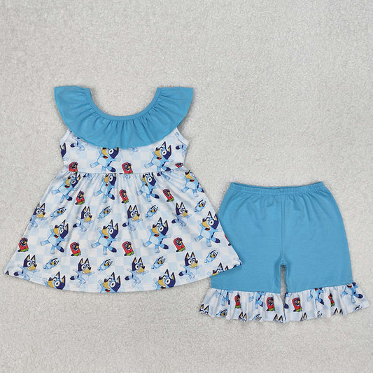 Baby Girls Clothes Cartoon Dogs Tunic Ruffle Shorts Sets GSSO1886