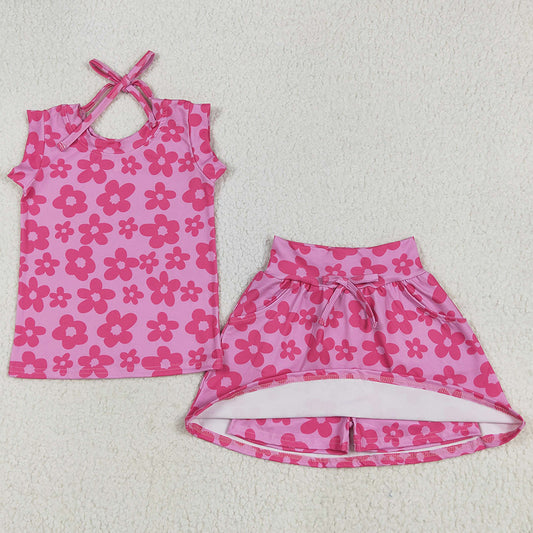 Baby Girls Clothes Sleeveless Hot Pink Flowers Top Pockets Short Skirts Sets GSD2583 6.7