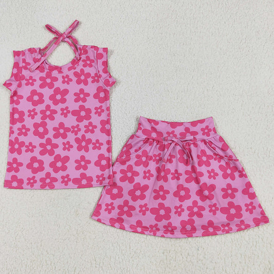 Baby Girls Clothes Sleeveless Hot Pink Flowers Top Pockets Short Skirts Sets GSD2583 6.7