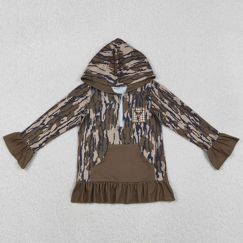 Baby Girls Clothes Embroidery Deer Olive Camo Pocket Zipper Hunting Hoodies Top GT1135 11.6