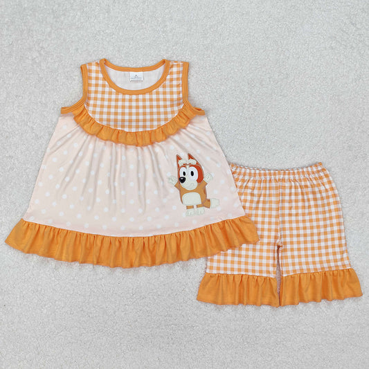 Baby Girls Clothes Orange Dots Dogs Tunic Tops Ruffle Shorts Sets GSSO2123 3.12