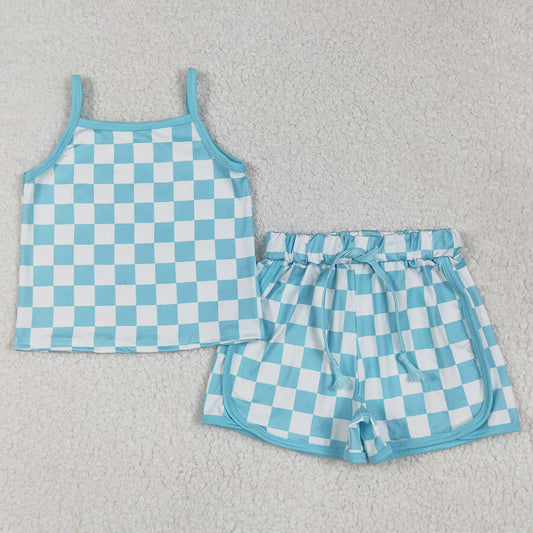 Baby Girls Clothes Blue Strap Plaid Top Shorts Sport Sets GSSO2332 6.9