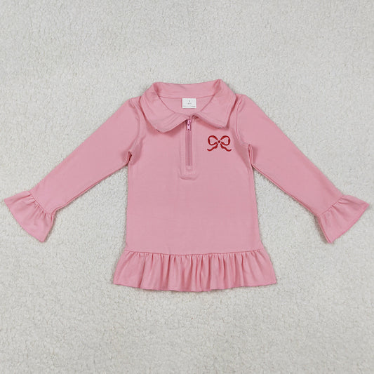 Baby Girls Embroidery Bow Pink Long Ruffle Sleeve Zipper Valentines Pullovers Top GT1270 11.17