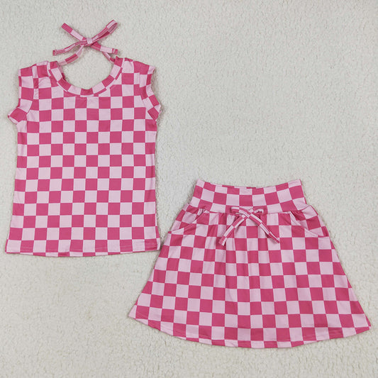 Baby Girls Clothes Sleeveless Pink Plaid Top Pockets Short Skirts Sets GSD2584 6.19