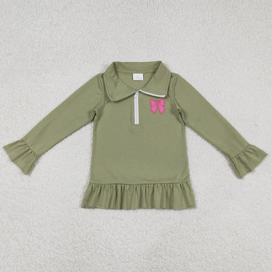 Baby Girls T-shirts Embroidery Bows Olive Long Ruffle Sleeve Half Zipper Pullovers Top GT1272 11.22
