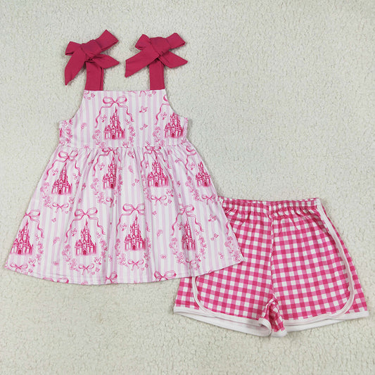 Baby Girls Pink Strap Castles Bows Tunic Plaid Short Sets GSSO2582 6.24