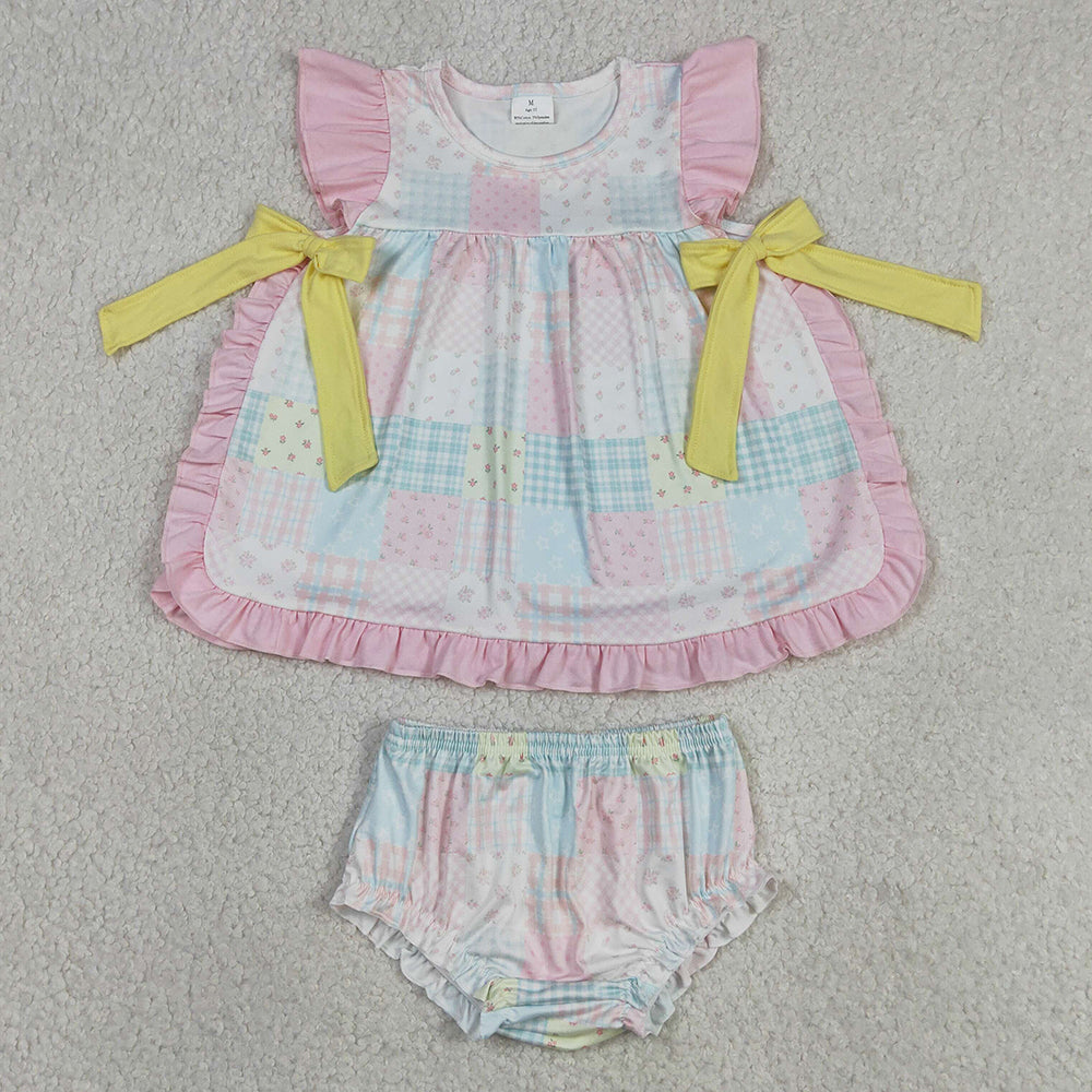 Baby Girls Clothes Colorful Floral Checked Tunic Bummies Clothes Sets GBO0513