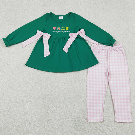 Baby Girls Clothes Embroidery Clovers Bows Tunic Checked Leggings St Patrick Clothes Sets GLP3066 12.25