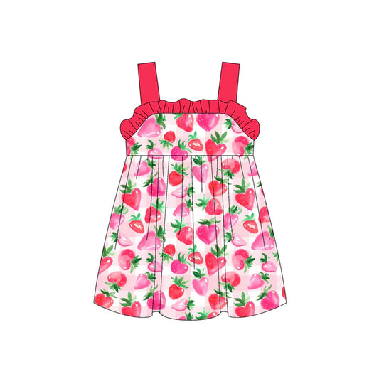 Preorder (moq 5)Baby Girls Red Strap Hearts Strawberry Knee Length Dress 5.13