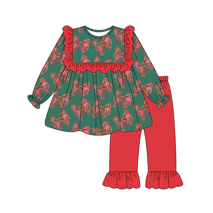Preorder (moq 5)Baby Girls Long Sleeves Plaid Bows Tunic Red Ruffle Pant Set 6.18