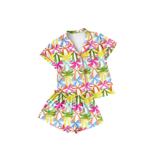 Preorder (moq 5)Baby Girls Short Sleeves Button Pocket Colorful Bows Top Short Pajamas Set 5.14