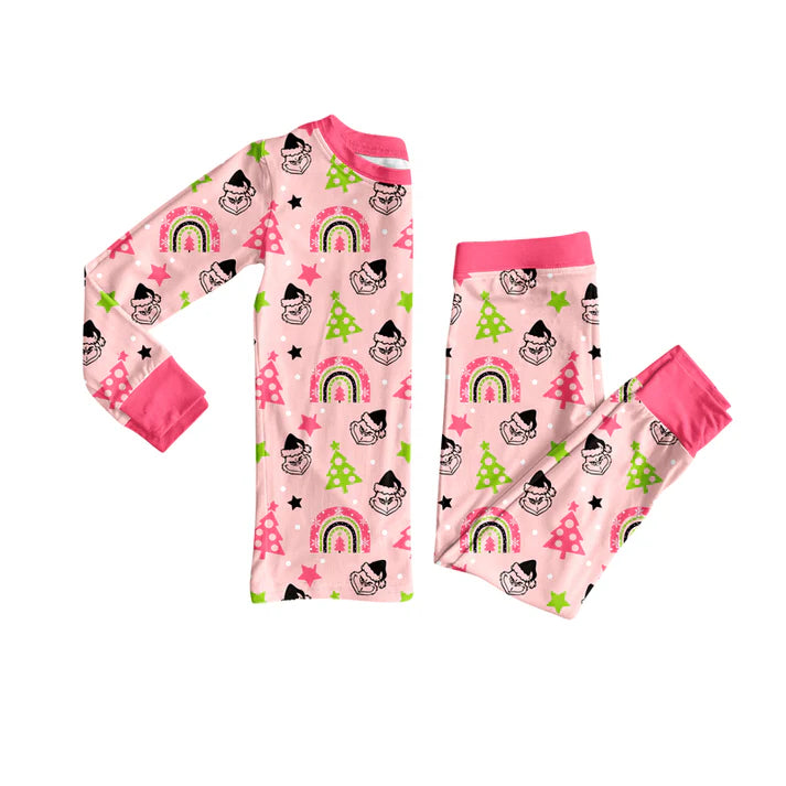Preorder(moq 5) Baby Girls Pink Christmas Trees Green Face Top Pants Pajamas Set 8.15