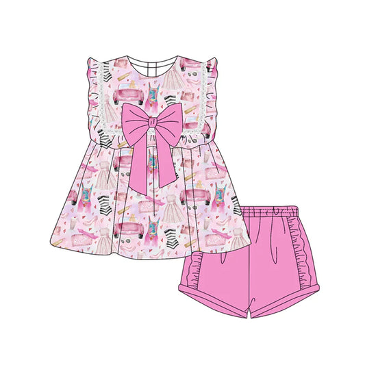 Preorder moq 5 Baby Girls Sleeveless Cars Dresses Bow Tunic Ruffle Short Set 4.18