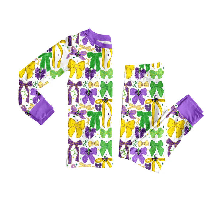 Preorder (moq 8)Baby Girls Purple Yellow Green Bows Stars Pants Mardigras Pajamas Sets 9.11