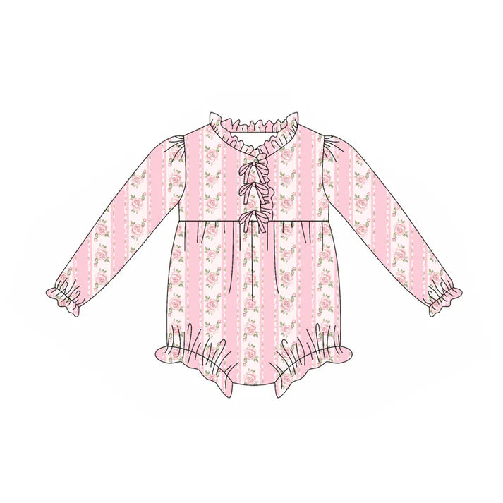 Preorder(moq 5)Baby Infant Girls Pink Flowers Stripe Button Ruffle Rompers 7.29