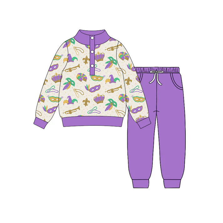 Preorder(moq 5) Baby Boys Masks Donuts Button Top Pockets Jogger Mardigras Clothes Sets 10.31