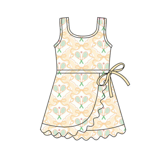 Preorder(moq 5) Baby Girls Sleeveless Yellow Bows Tennis Team Ruffle Knee Length Dresses 11.4