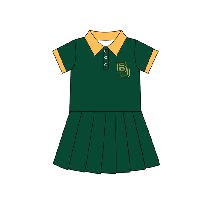 Preorder (moq 5)Baby Girls Green Short Sleeves Button BU Team Shorts Knee Length Dresses 7.10