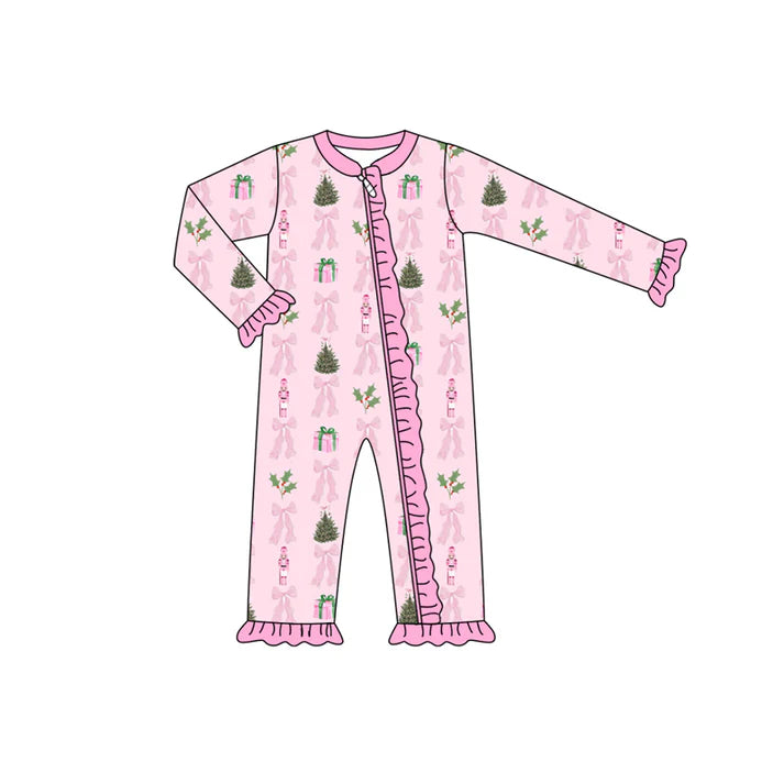 Preorder (moq 5)Baby Girls Long Ruffle Sleeves Pink Bows Trees Zipper Pant Rompers 6.13