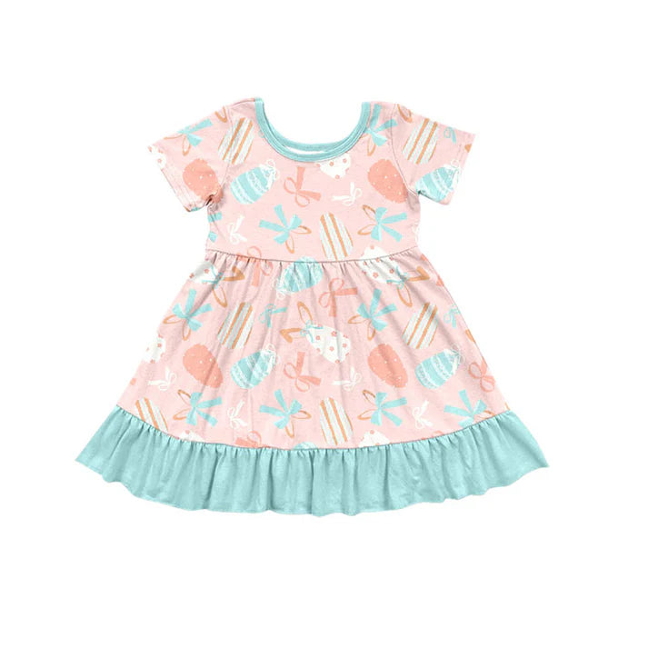 Preorder (moq 8)Baby Girls Short Sleeve Bows Eggs Easter Ruffle Knee Length Dresses 9.17