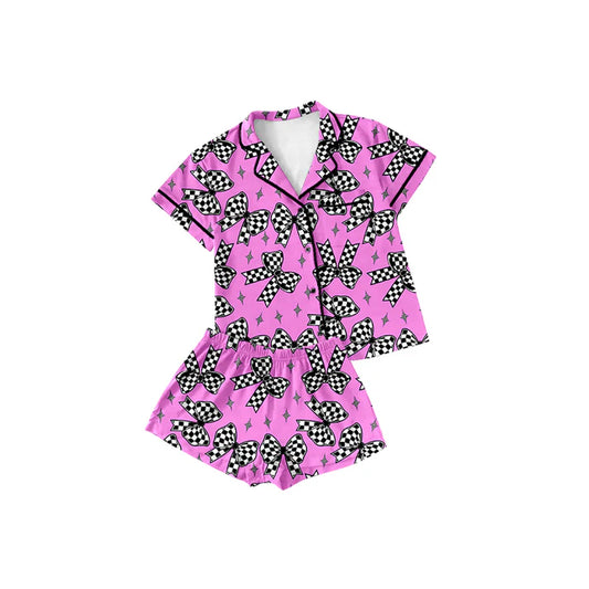 Preorder (moq 5)Baby Girls Short Sleeves Button Pocket Plaid Bows Stars Top Short Pajamas Set 5.14