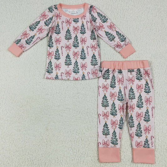 Baby Girls Pajamas Christmas Pink Long Sleeves Bows Trees Top Pant Pajamas Sets GLP2423 6.24