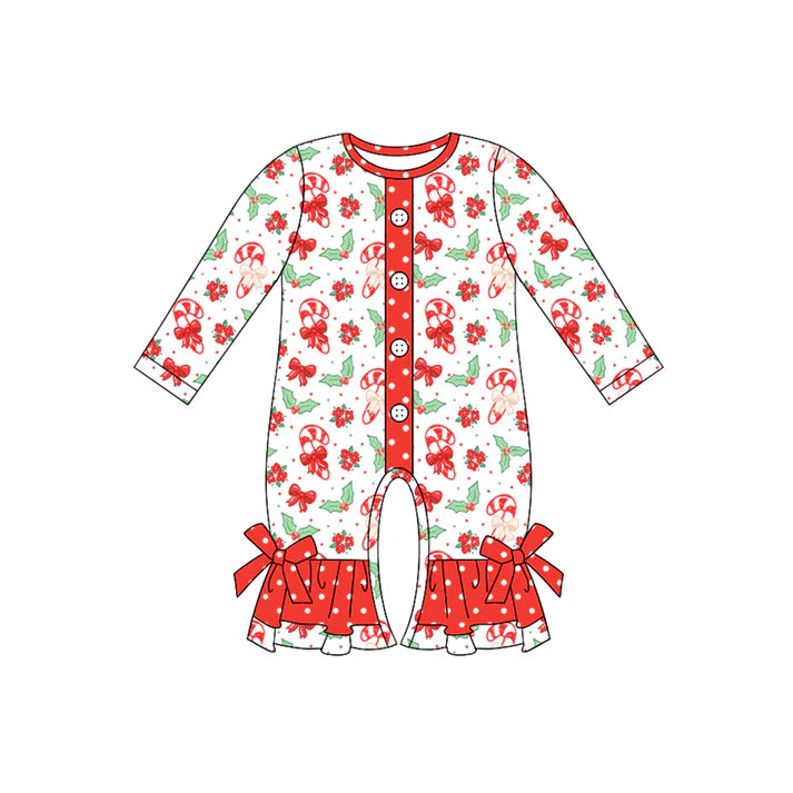 Preorder (moq 5)Baby Girls Long Sleeves Red Bows Candy Cane Holly Button Ruffle Pant Romper 7.3