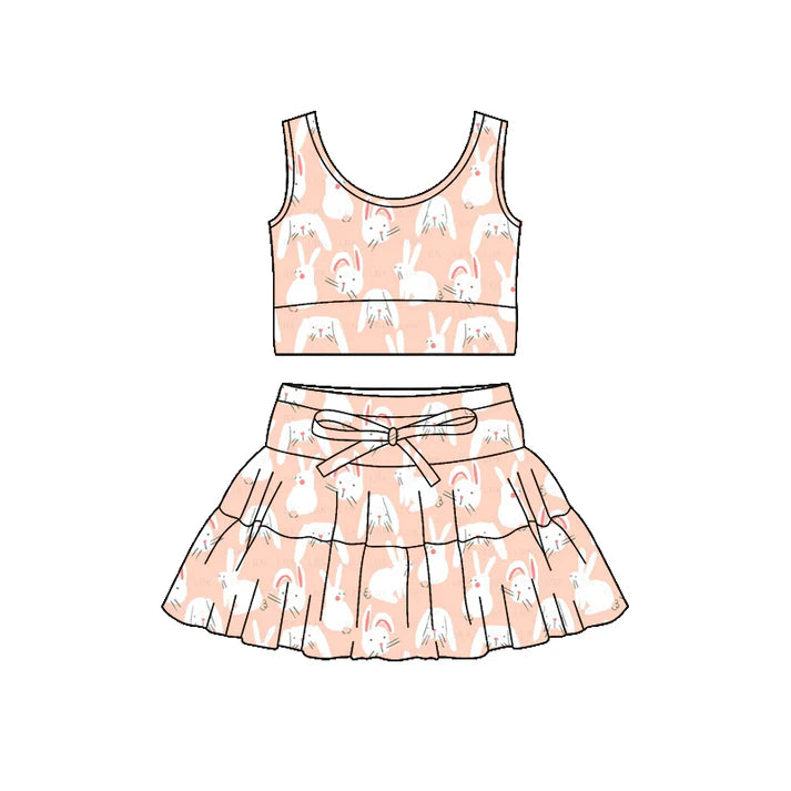 Preorder (moq 5)Baby Girls Pink Rabbits Plaid Vest Ruffle Skirt Shorts Easter Clothes Sets 12.4