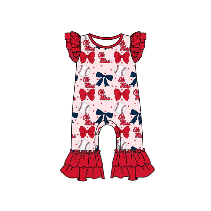 Preorder (moq 5)Baby Girls Red Flutter Sleeves Baseball Bows Ole Miss Ruffle Pant Team Rompers 6.16