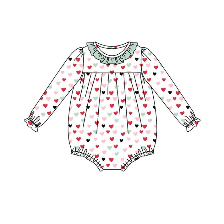 Preorder (moq 8)Baby Girls Long Ruffle Sleeve Colorful Hearts Valentine Rompers 9.19