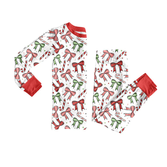 Preorder(moq 5) Baby Girls Christmas Red Green Bows Top Pants Lounge Wear Pajamas Sets 8.15