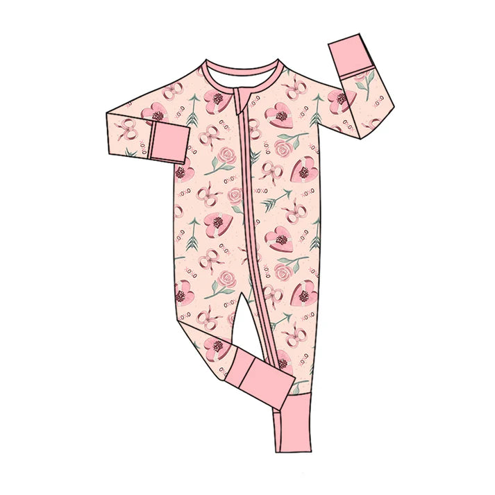 Preorder (moq 5)Baby Girls Flower Hearts XOXO Valentines Two Way Zip Convertible Rompers 11.26