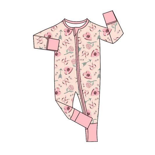 Preorder (moq 5)Baby Girls Flower Hearts XOXO Valentines Two Way Zip Convertible Rompers 11.26